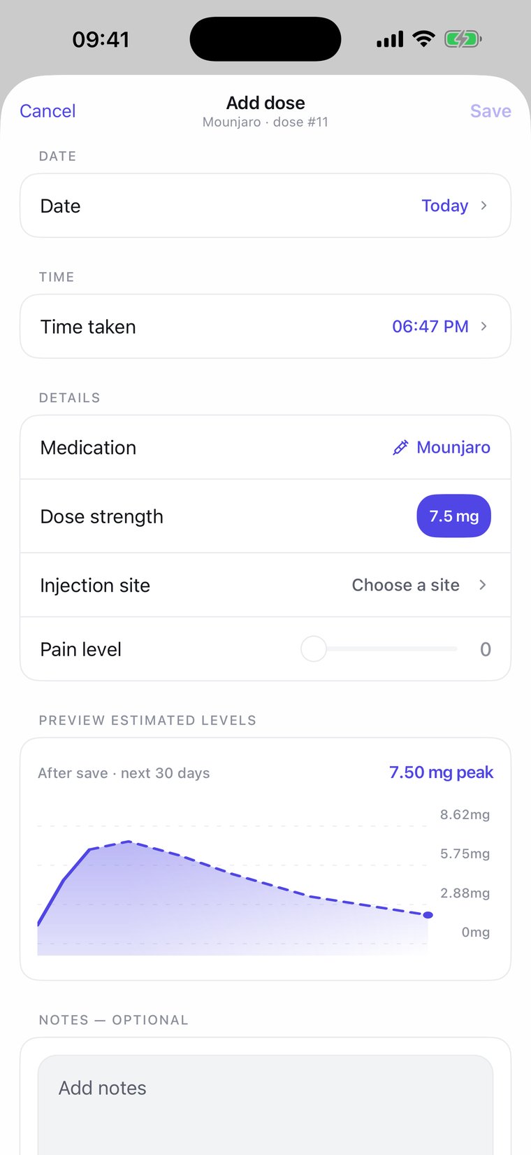 Dosiq add-dose sheet with date, time, medication, dose strength, and a preview of estimated levels