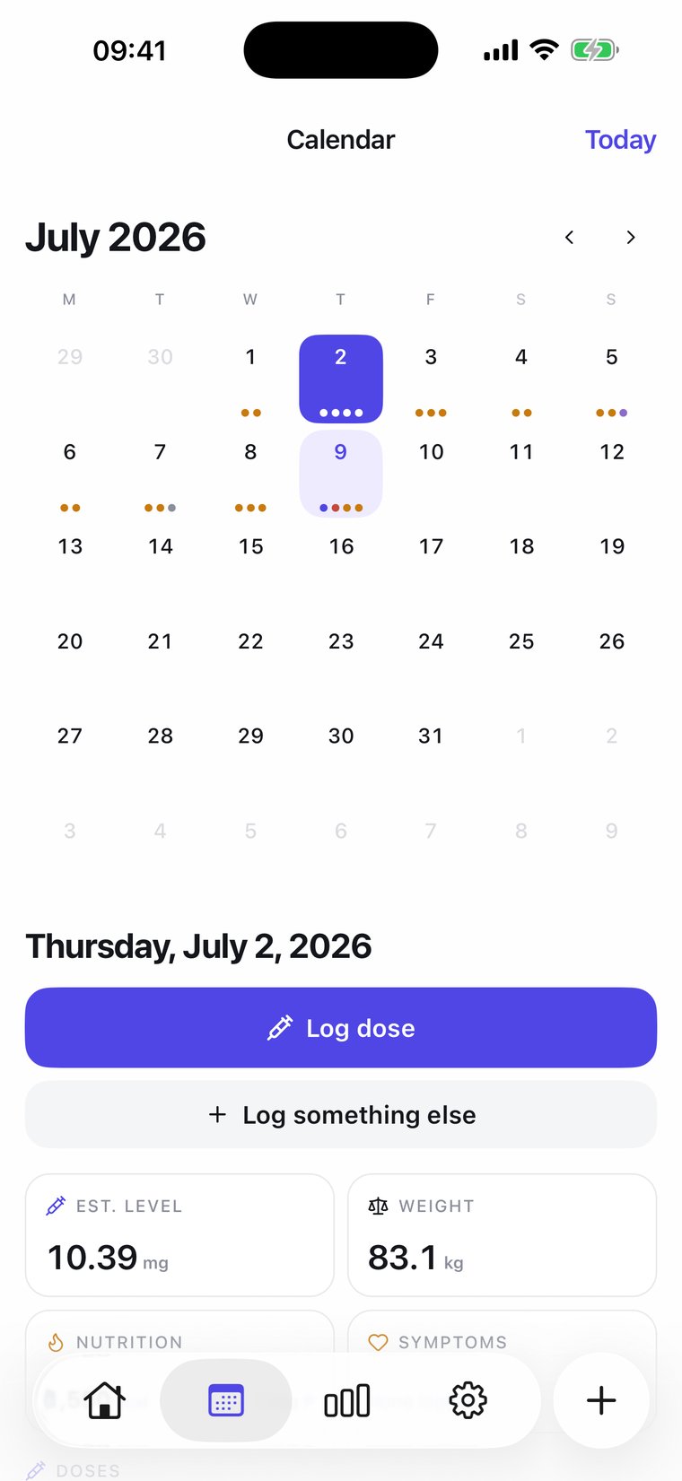 Dosiq calendar showing logged doses across the month with a selected day