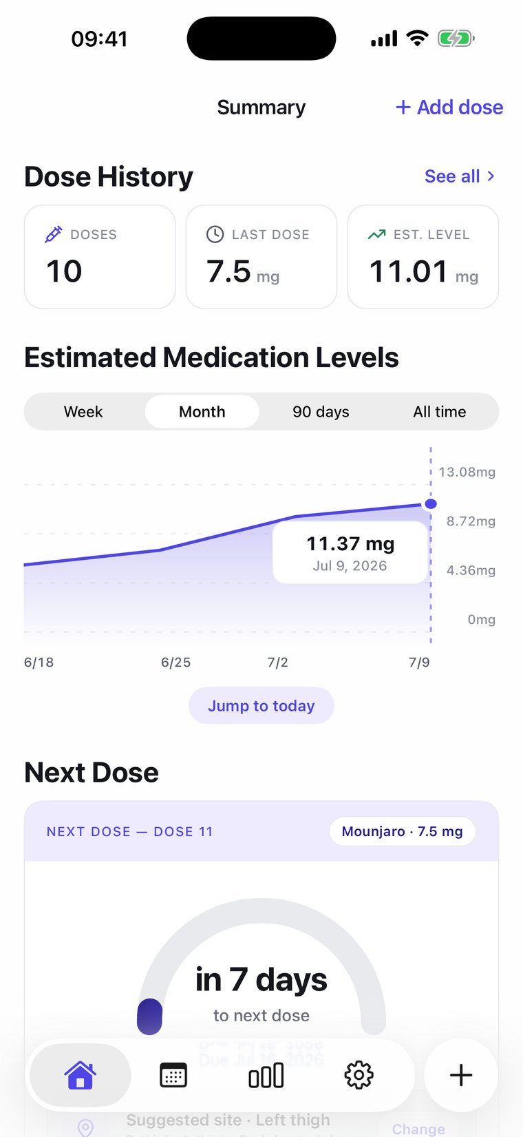 Dosiq home screen with dose history, an estimated medication-level curve, and the next scheduled dose