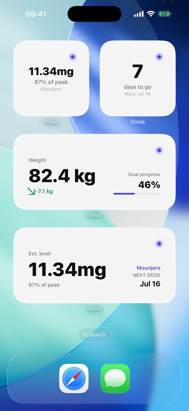 iPhone home screen with Dosiq widgets showing medication level, days to next dose, weight, and goal progress